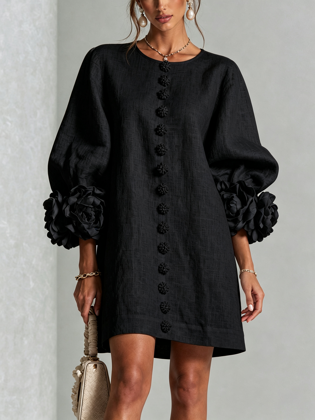 White Mini Dress with Floral Buttons and Extravagant Floral Sleeves