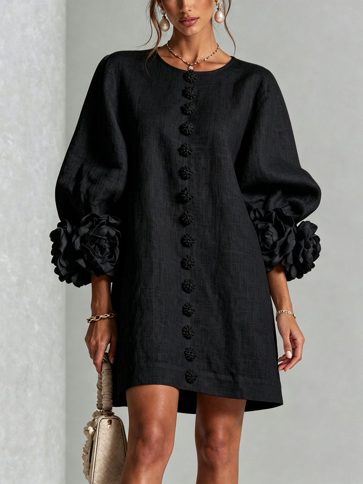 White Mini Dress with Floral Buttons and Extravagant Floral Sleeves