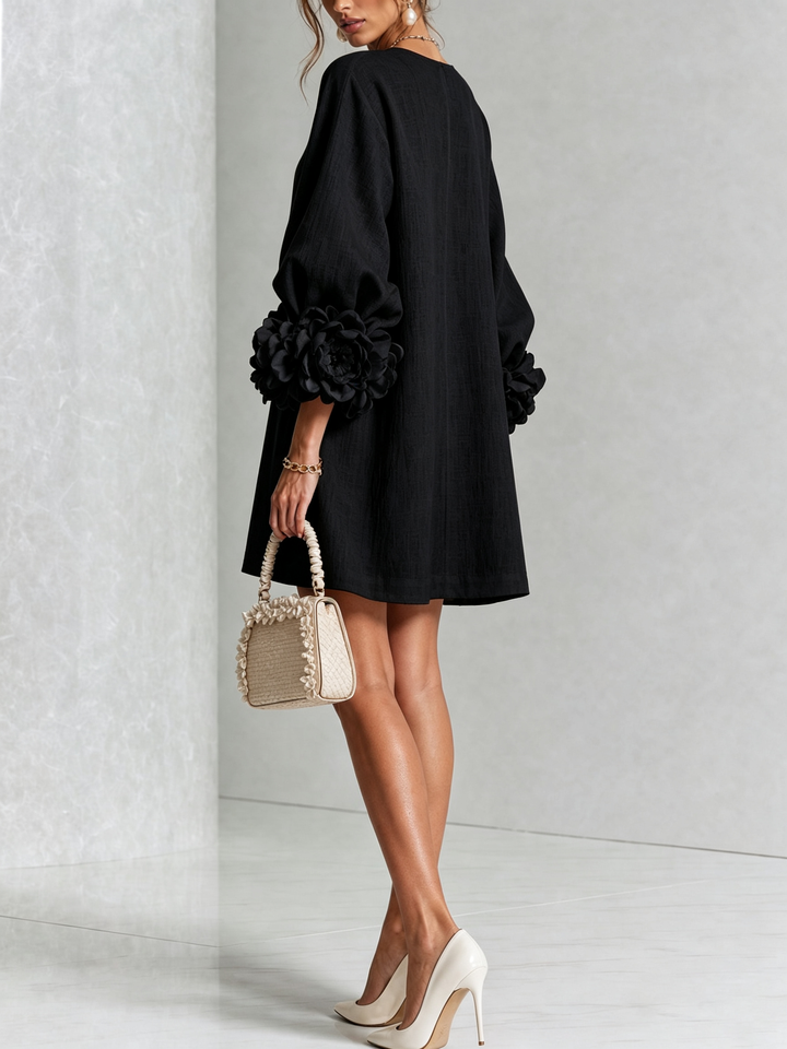 White Mini Dress with Floral Buttons and Dramatic Floral Sleeves