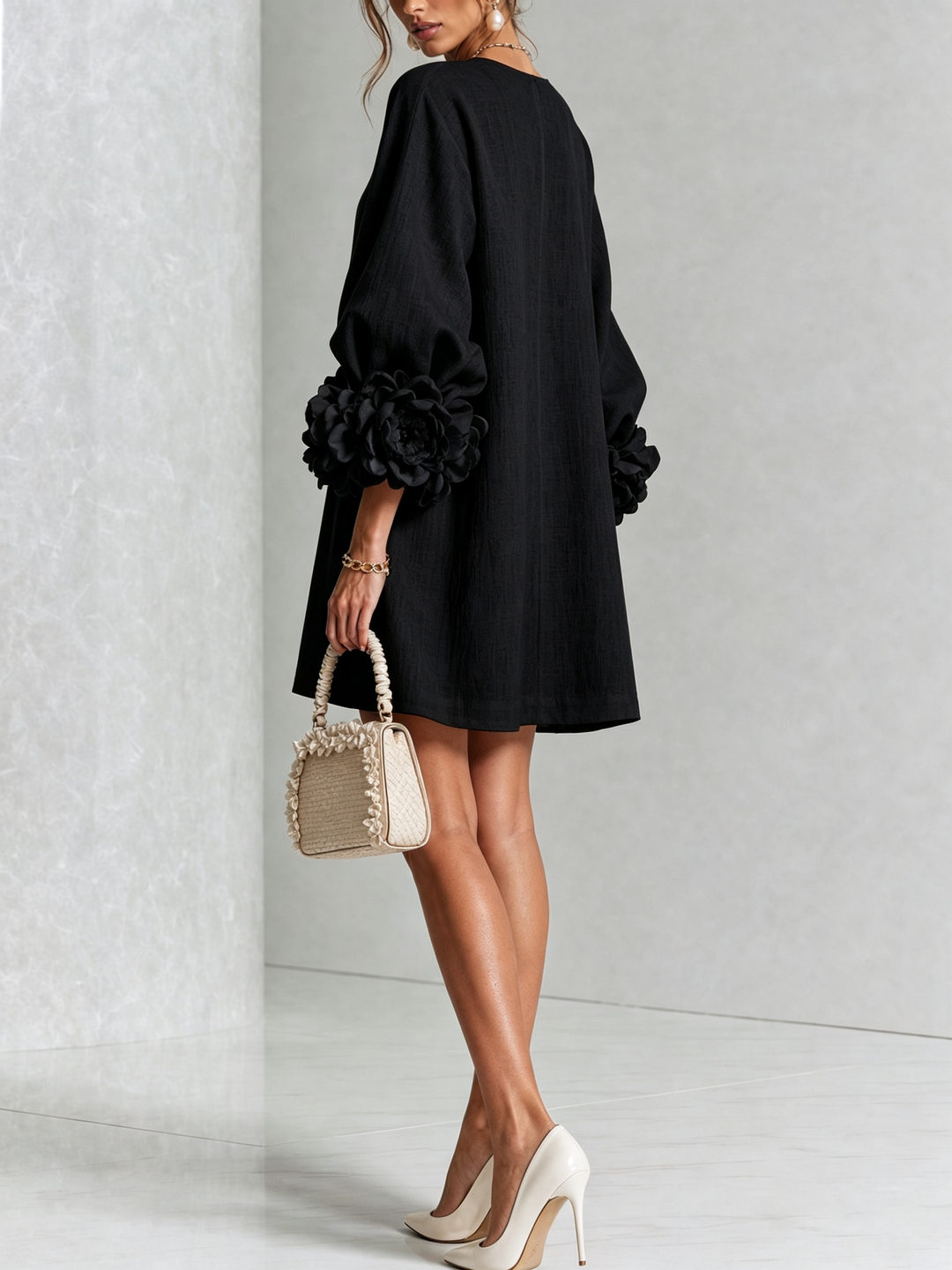 White Mini Dress with Floral Buttons and Extravagant Floral Sleeves