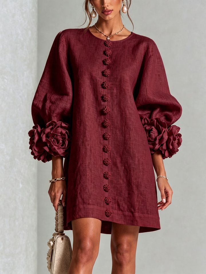 White Mini Dress with Floral Buttons and Extravagant Floral Sleeves