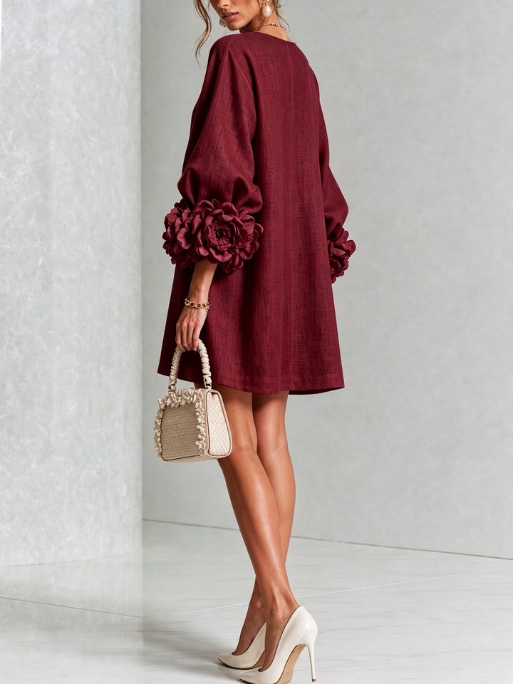 White Mini Dress with Floral Buttons and Extravagant Floral Sleeves