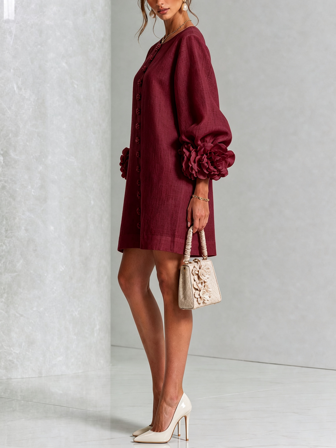 White Mini Dress with Floral Buttons and Extravagant Floral Sleeves