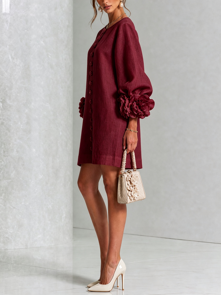White Mini Dress with Floral Buttons and Extravagant Floral Sleeves