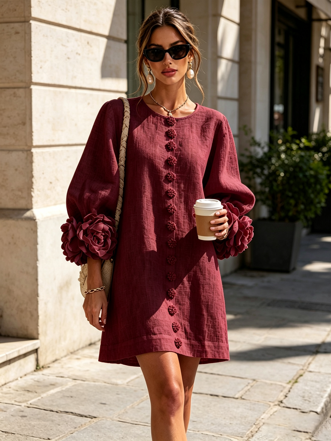 White Mini Dress with Floral Buttons and Extravagant Floral Sleeves