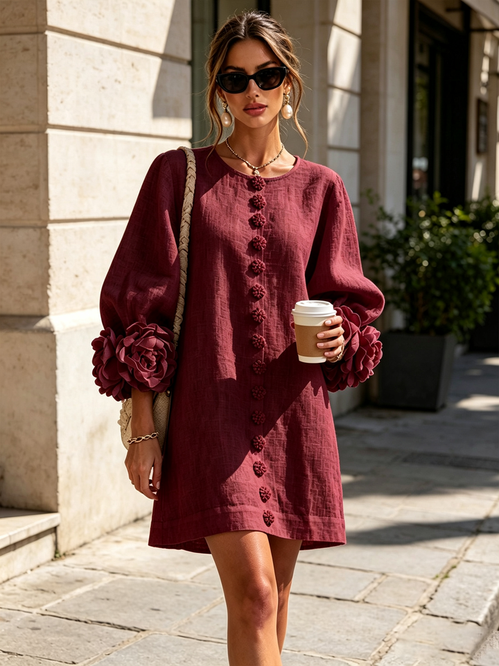 White Mini Dress with Floral Buttons and Extravagant Floral Sleeves