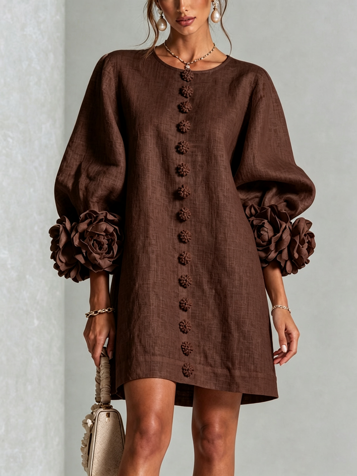 White Mini Dress with Floral Buttons and Extravagant Floral Sleeves
