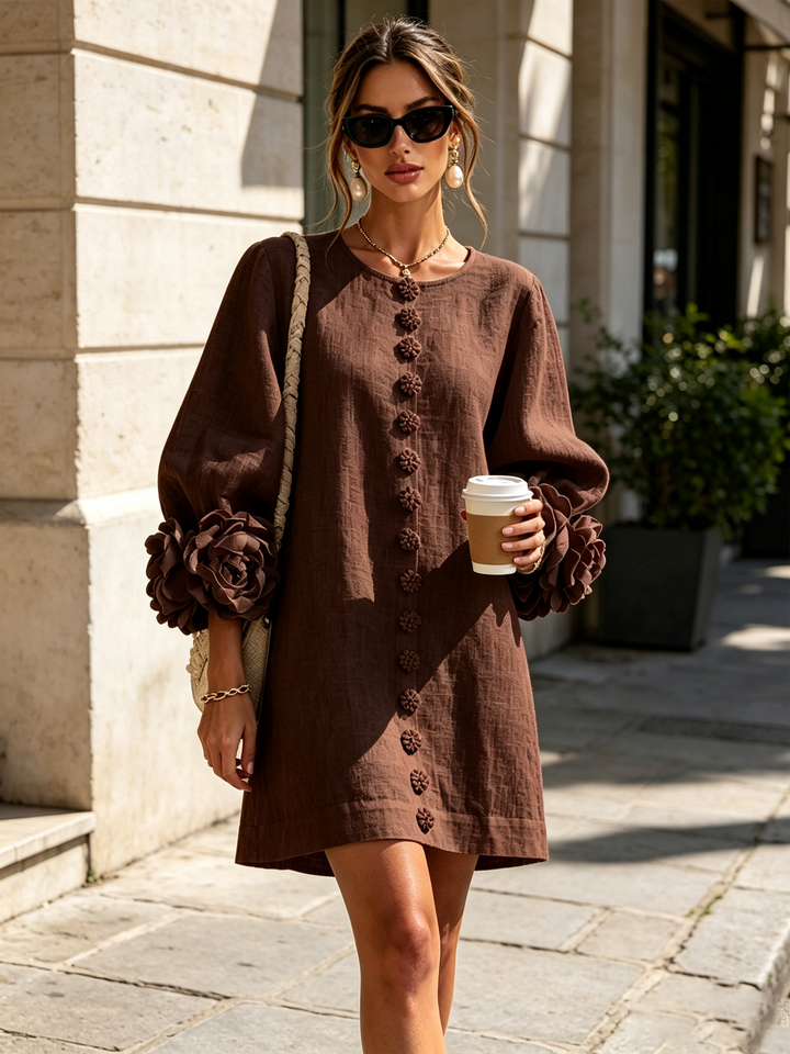 White Mini Dress with Floral Buttons and Extravagant Floral Sleeves