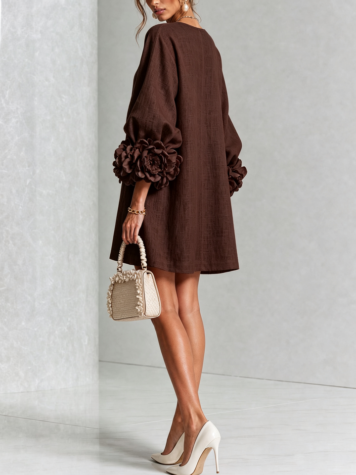 White Mini Dress with Floral Buttons and Extravagant Floral Sleeves