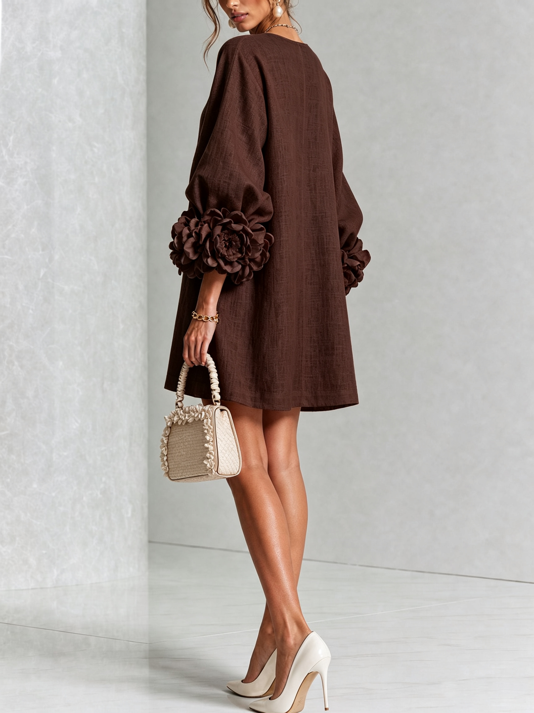 White Mini Dress with Floral Buttons and Dramatic Floral Sleeves
