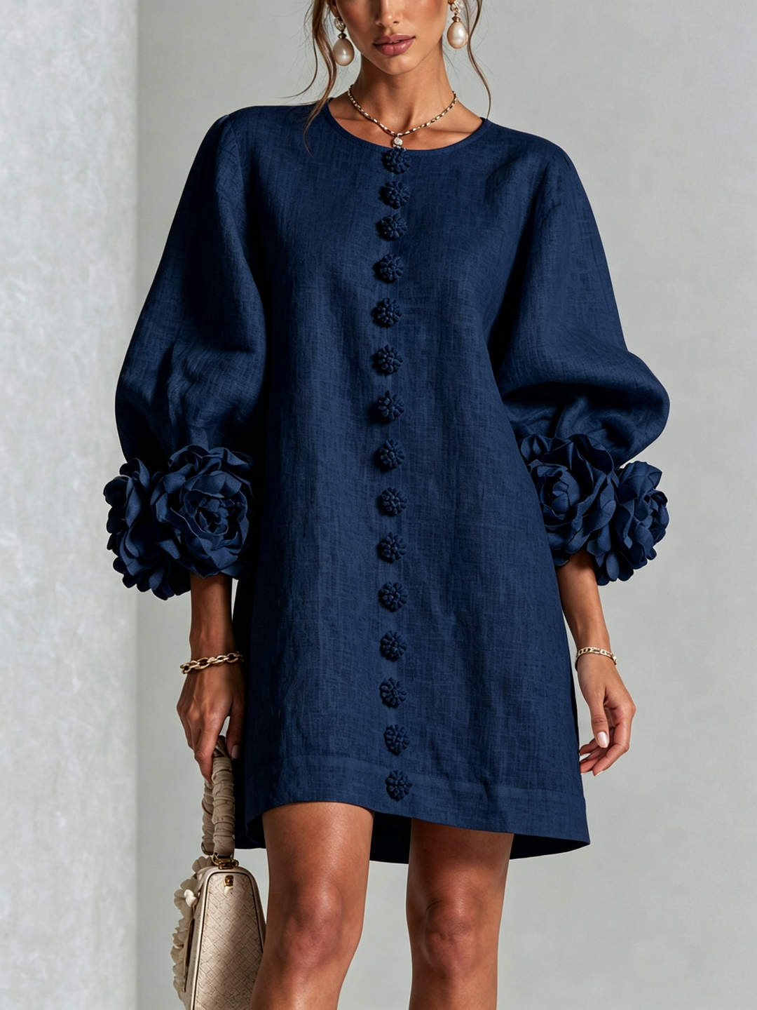 White Mini Dress with Floral Buttons and Extravagant Floral Sleeves