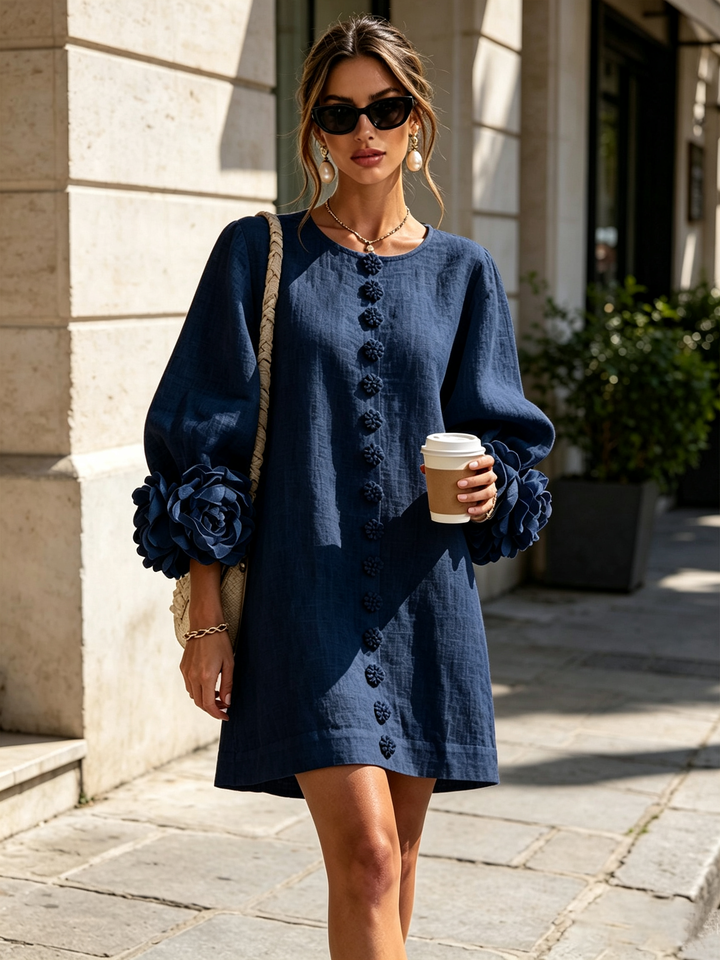 White Mini Dress with Floral Buttons and Extravagant Floral Sleeves