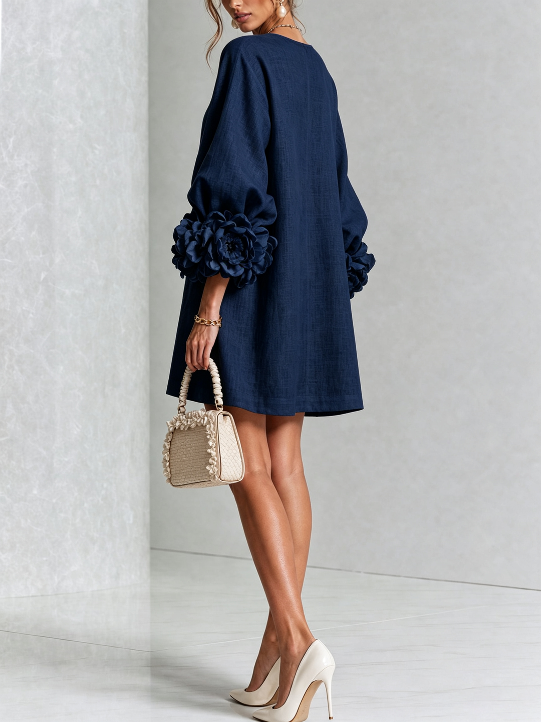 White Mini Dress with Floral Buttons and Dramatic Floral Sleeves