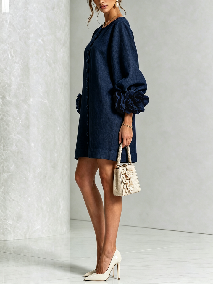 White Mini Dress with Floral Buttons and Dramatic Floral Sleeves