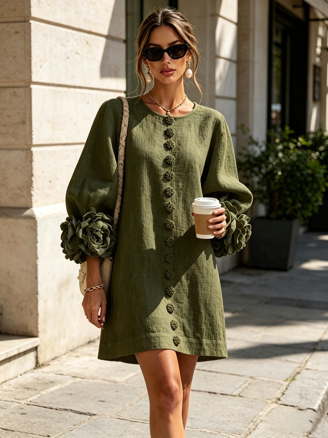White Mini Dress with Floral Buttons and Extravagant Floral Sleeves