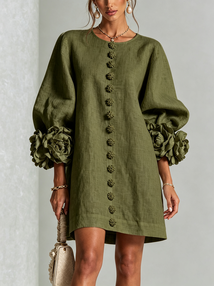 White Mini Dress with Floral Buttons and Extravagant Floral Sleeves