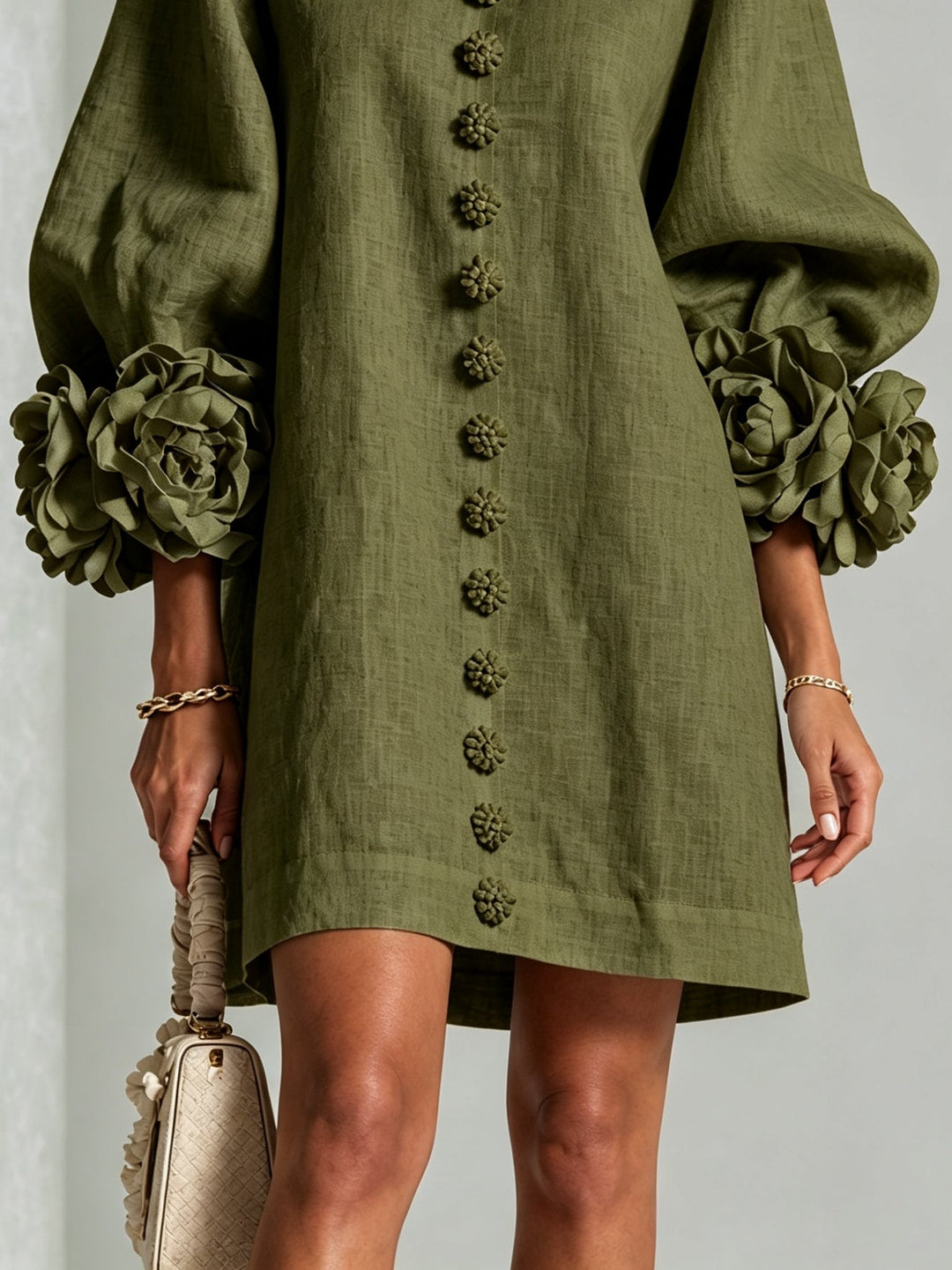 Olive Green Floral Shirt Mini Dress with Dramatic Floral Cuffs
