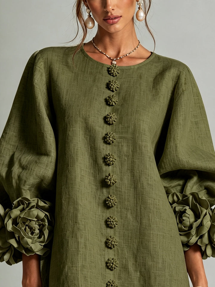 Olive Green Floral Shirt Mini Dress with Dramatic Floral Cuffs