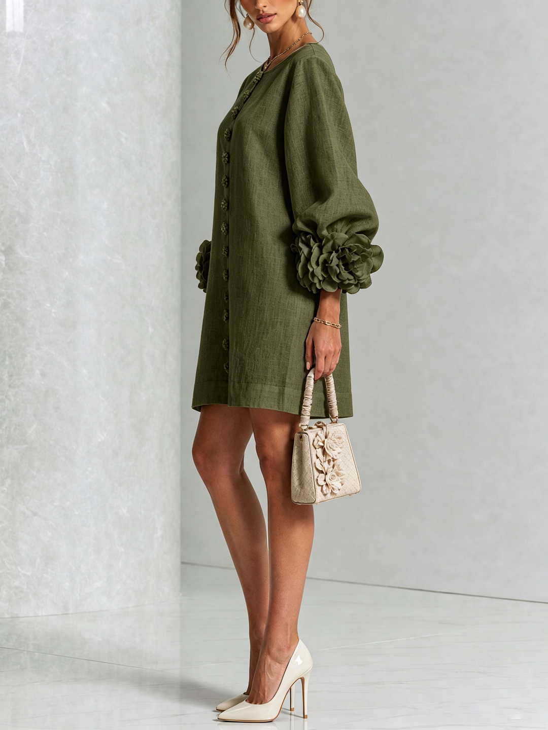 Olive Green Floral Shirt Mini Dress with Extravagant Floral Cuffs