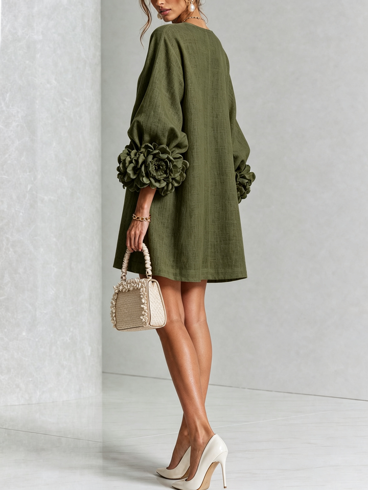 Olive Green Floral Shirt Mini Dress with Extravagant Floral Cuffs