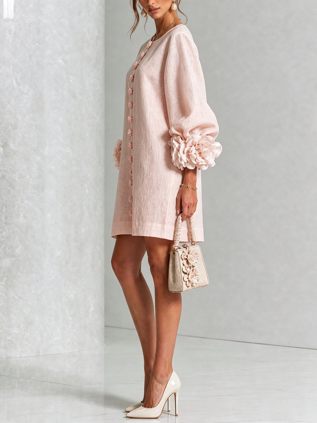 White Mini Dress with Floral Buttons and Extravagant Floral Sleeves