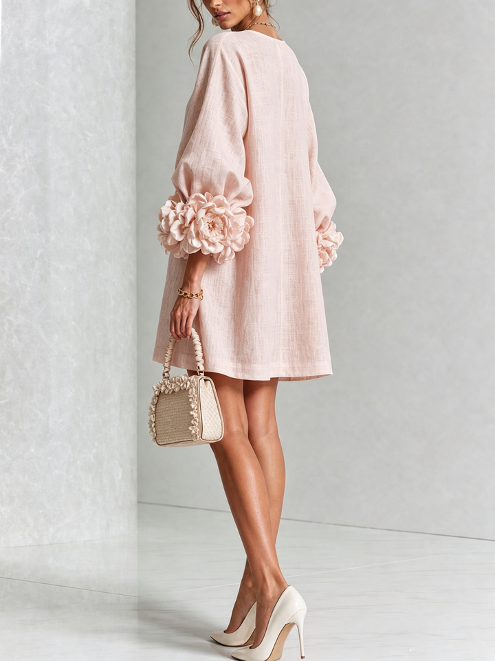 White Mini Dress with Floral Buttons and Dramatic Floral Sleeves