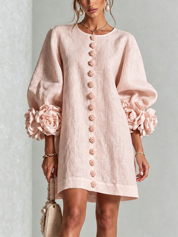 White Mini Dress with Floral Buttons and Dramatic Floral Sleeves