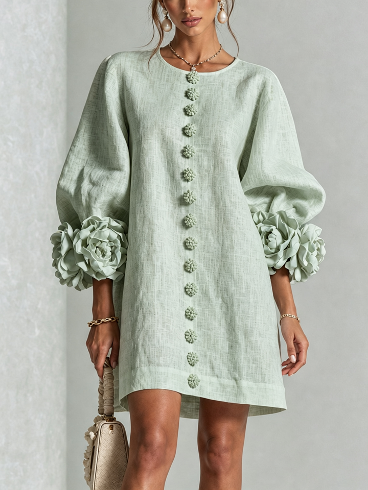 White Mini Dress with Floral Buttons and Extravagant Floral Sleeves
