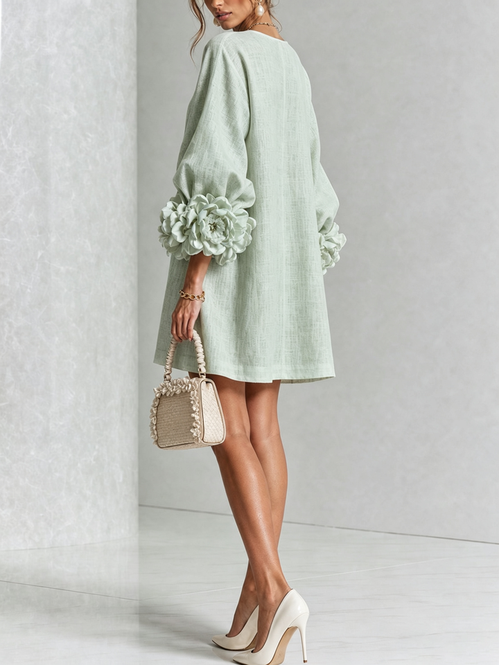 White Mini Dress with Floral Buttons and Extravagant Floral Sleeves