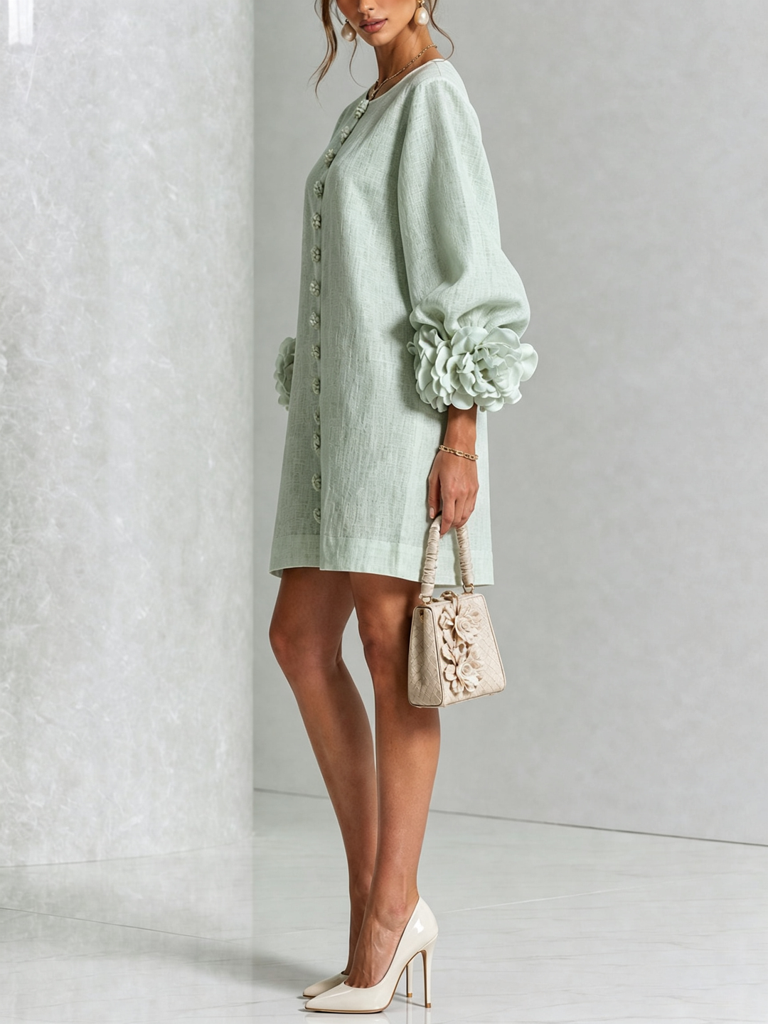 White Mini Dress with Floral Buttons and Extravagant Floral Sleeves