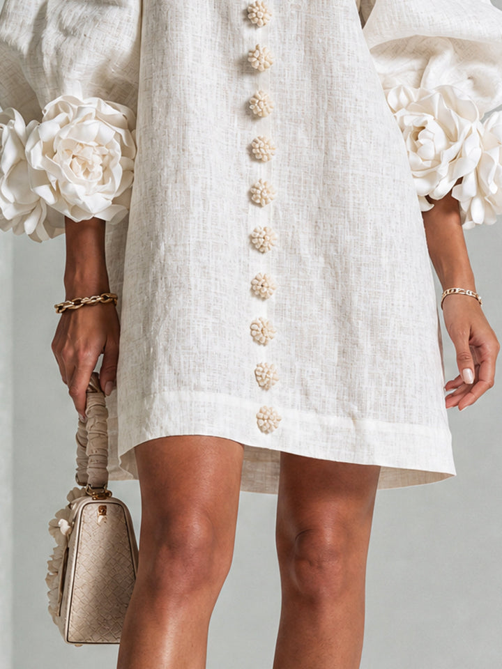 White Mini Dress with Floral Buttons and Extravagant Floral Sleeves