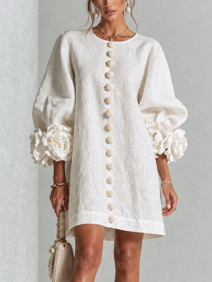 White Mini Dress with Floral Buttons and Dramatic Floral Sleeves