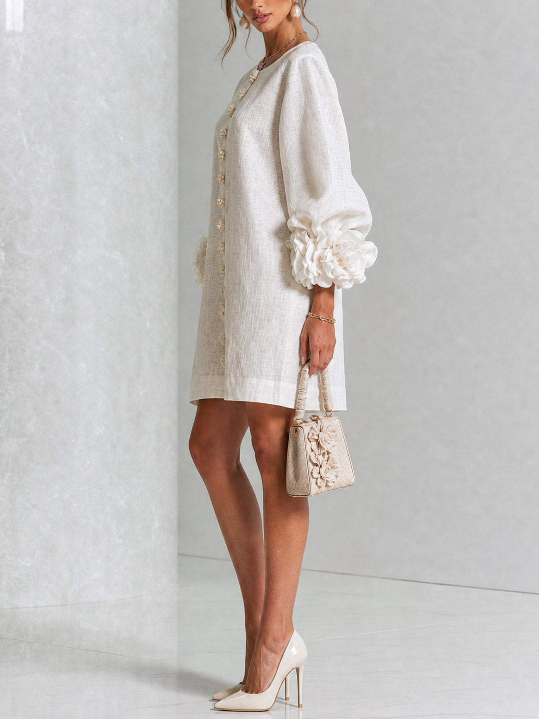 White Mini Dress with Floral Buttons and Dramatic Floral Sleeves
