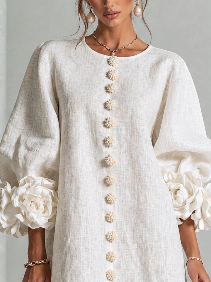 White Mini Dress with Floral Buttons and Dramatic Floral Sleeves