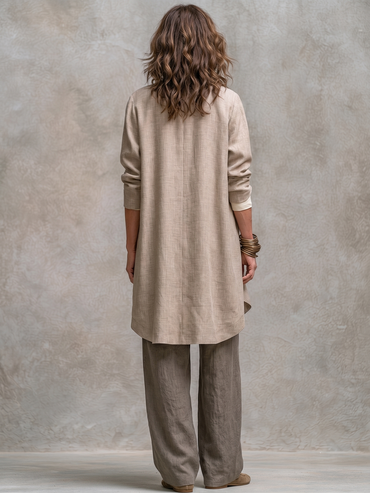 Three-Piece Women's Linen Effect Set with Wide Pants