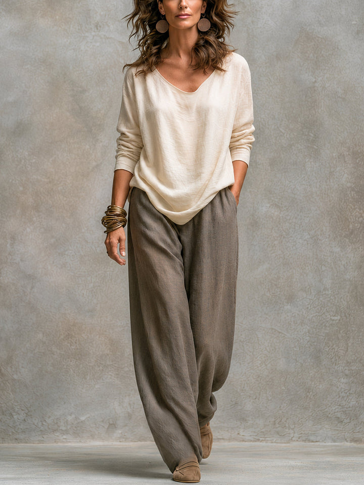 Three-Piece Women's Linen Effect Set with Wide Pants