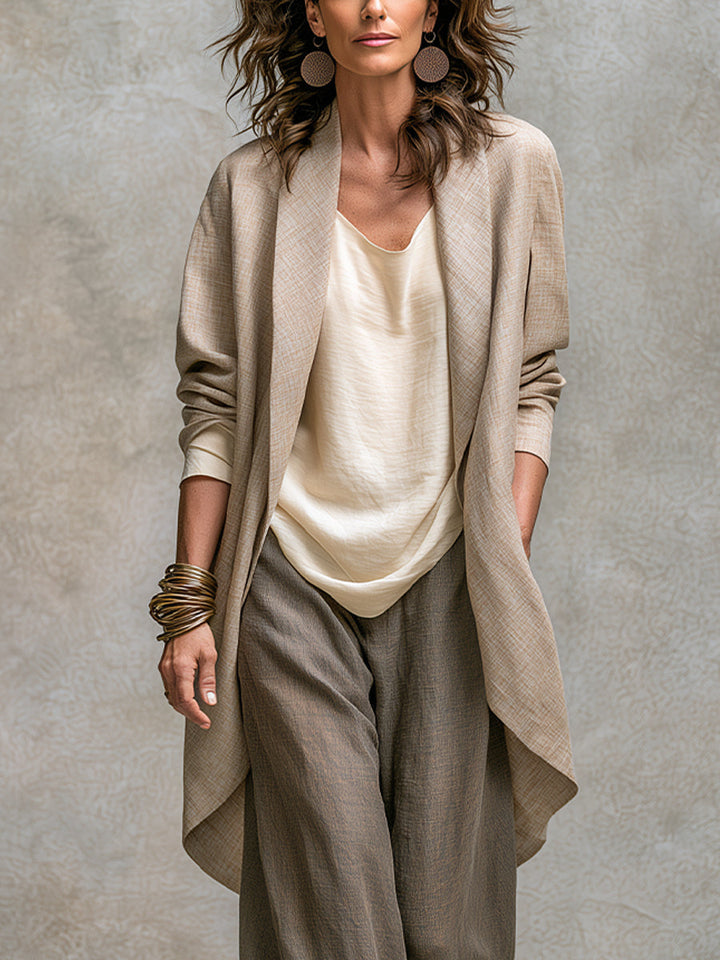 Three-Piece Women's Linen Effect Set with Wide Pants