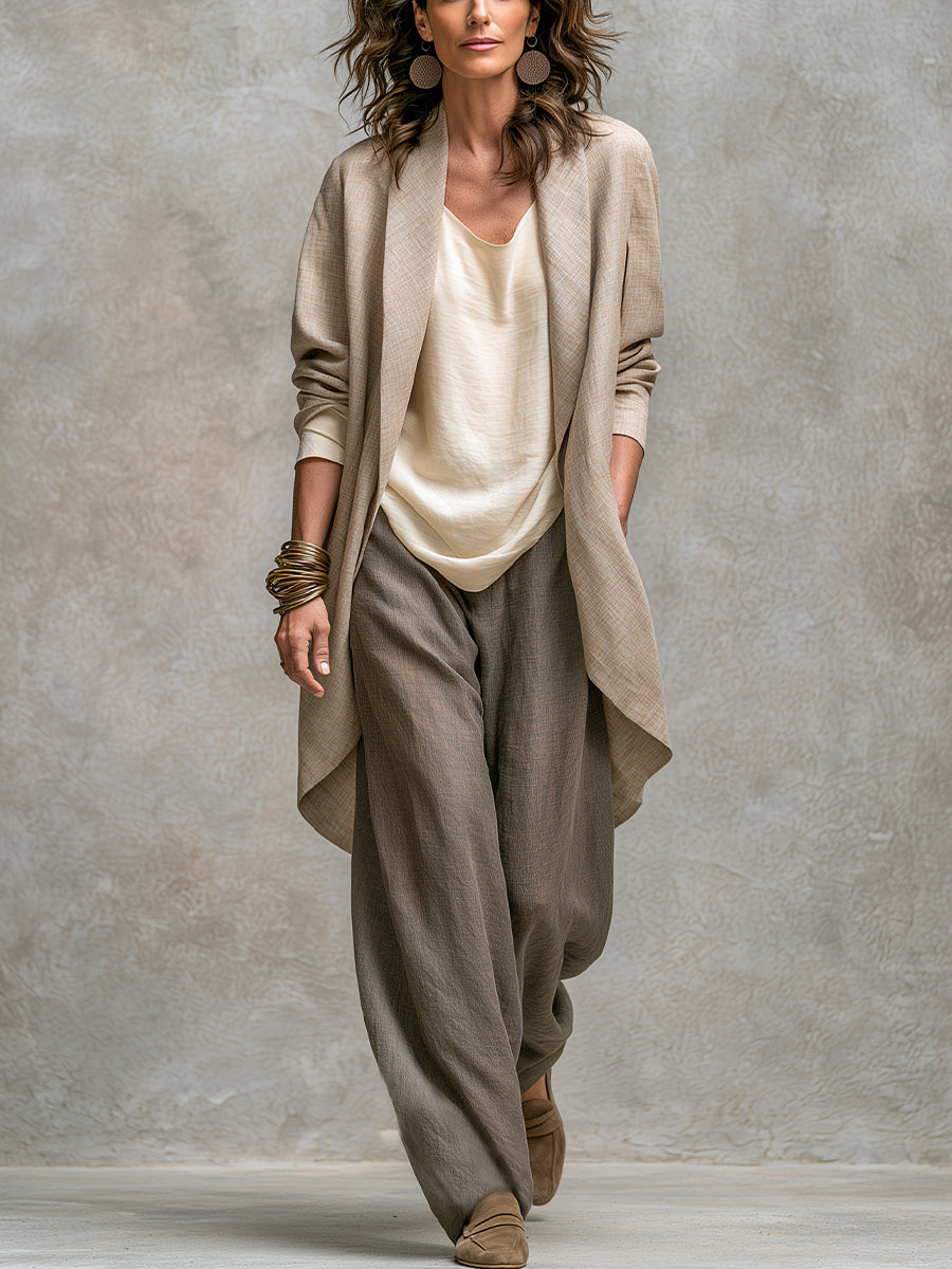 Three-Piece Women's Linen Effect Set with Wide Pants