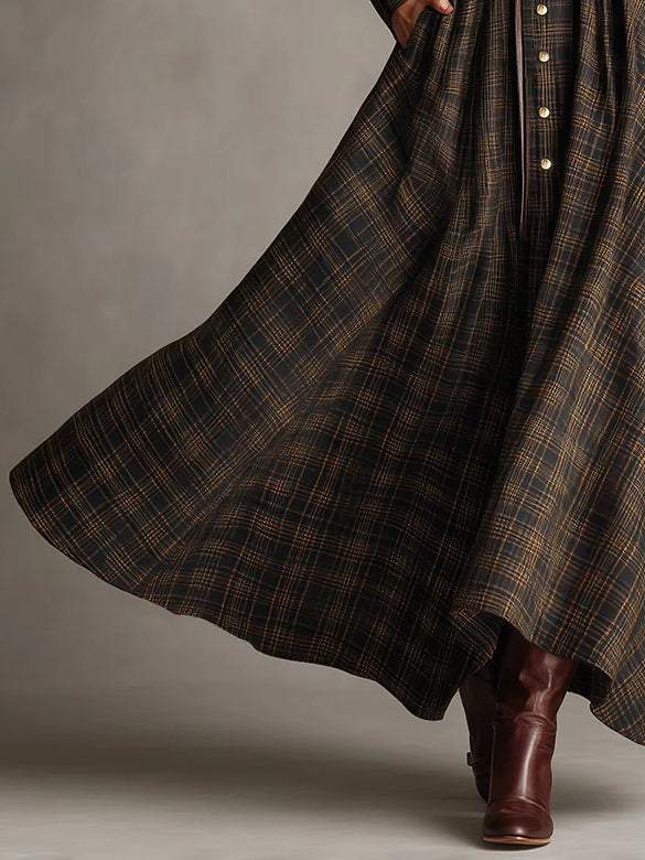 Plaid Lapel Single-Breasted Shirt Maxi Dress