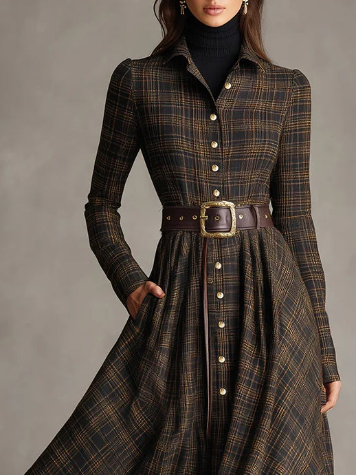 Plaid Lapel Single-Breasted Shirt Maxi Dress