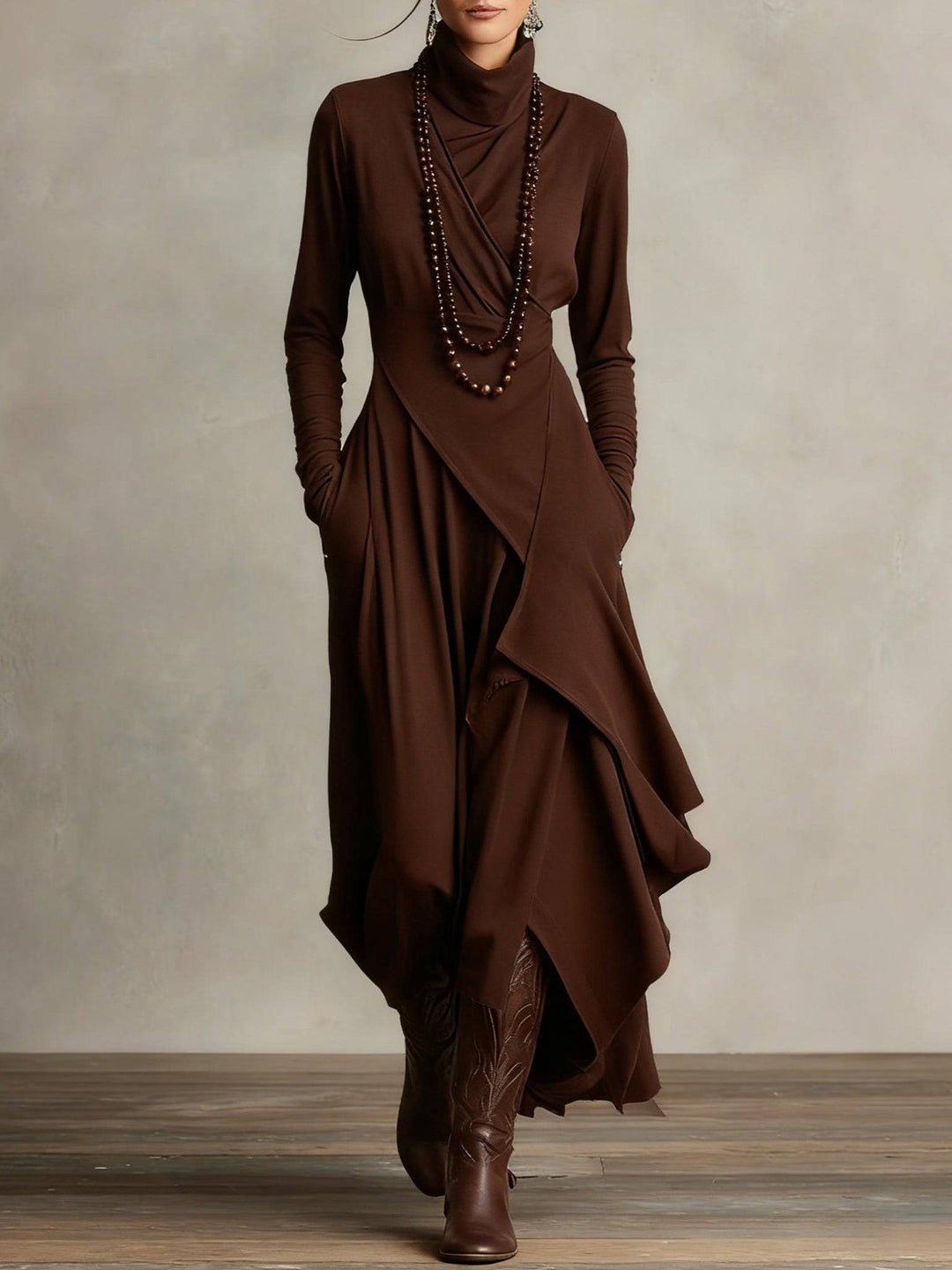 Brown Keirae™ elegant maxi dress by Emma & Rose Cape Town, flowing fabric and sophisticated design, full-length view