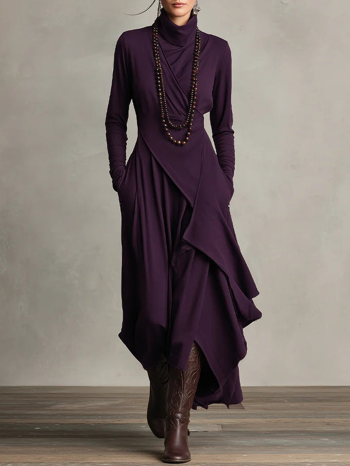 Solmira | Asymmetrical Pleated Maxi Dress with High Neck