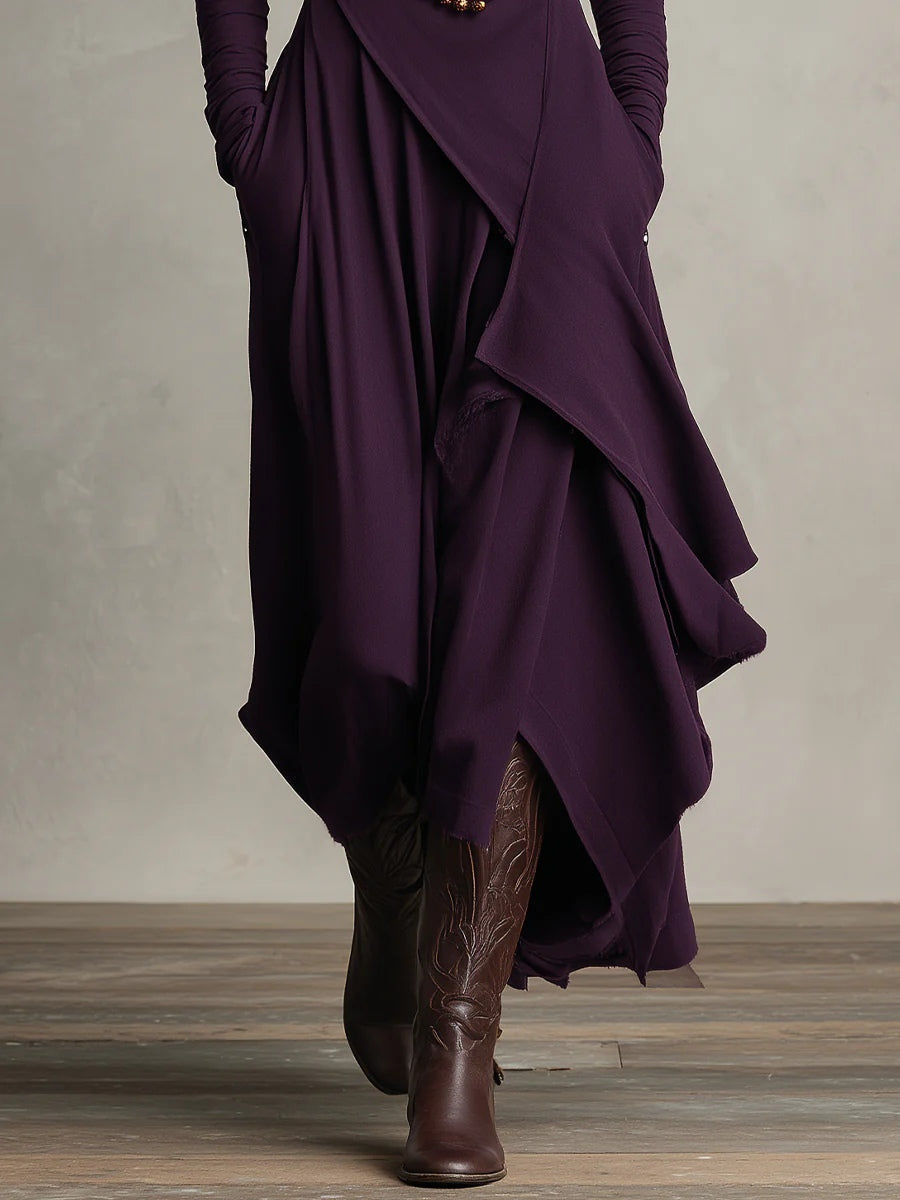 Solmira | Asymmetrical Pleated Maxi Dress with High Neck