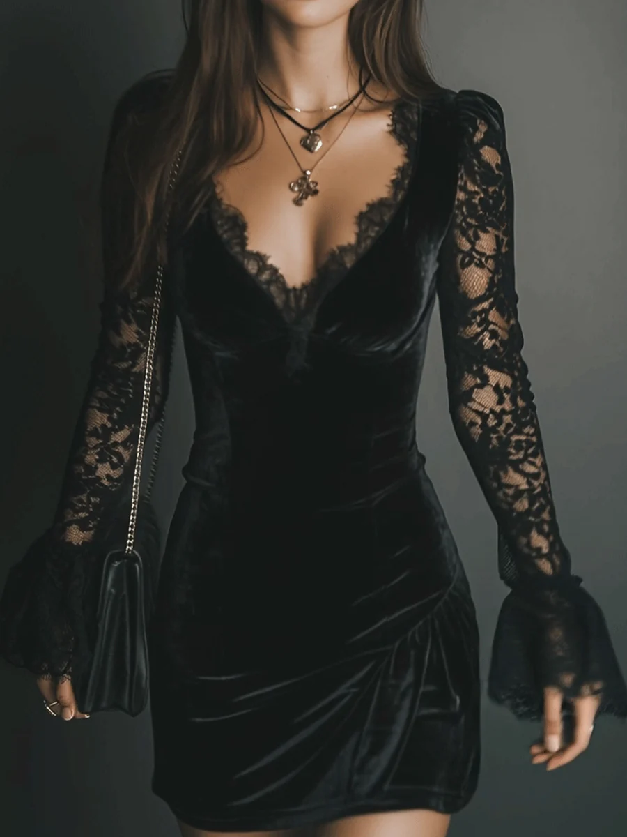 Orinthia Velvet Mini Dress with Lace - Elena Harper