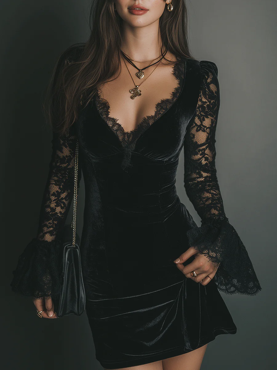 Orinthia Velvet Mini Dress with Lace - Elena Harper