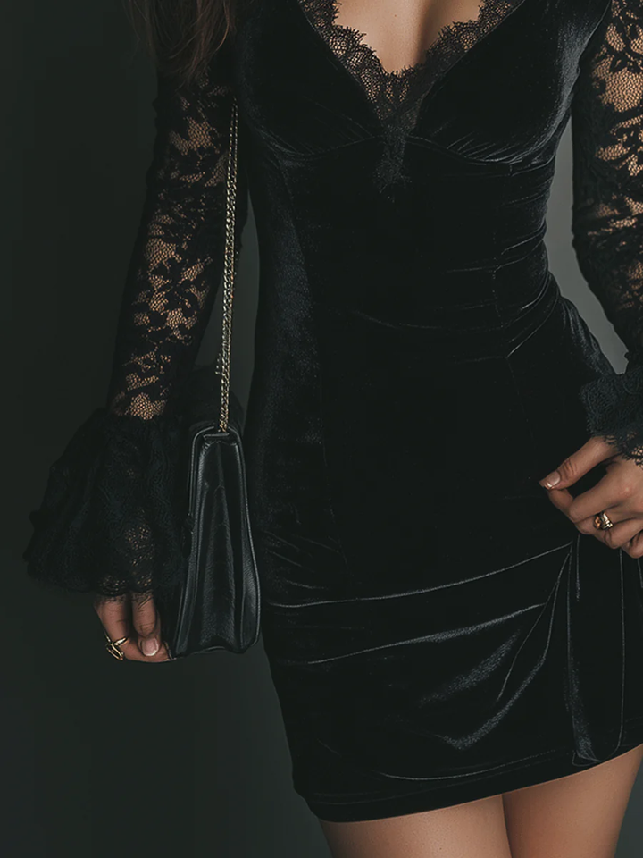 Orinthia Velvet Mini Dress with Lace - Elena Harper