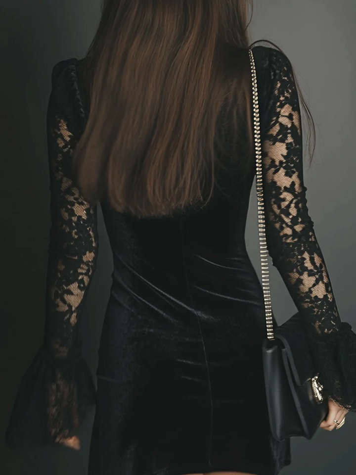 Orinthia Velvet Mini Dress with Lace - Elena Harper