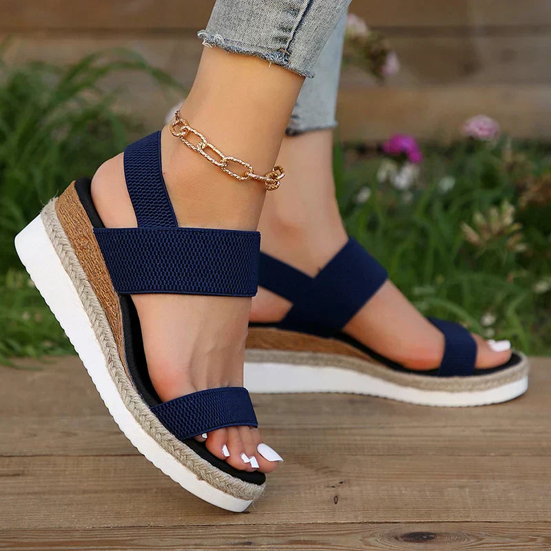 Emma & Rose Cape Town India orthopaedic sandals with elasticized fabric straps and a comfortable platform heel.