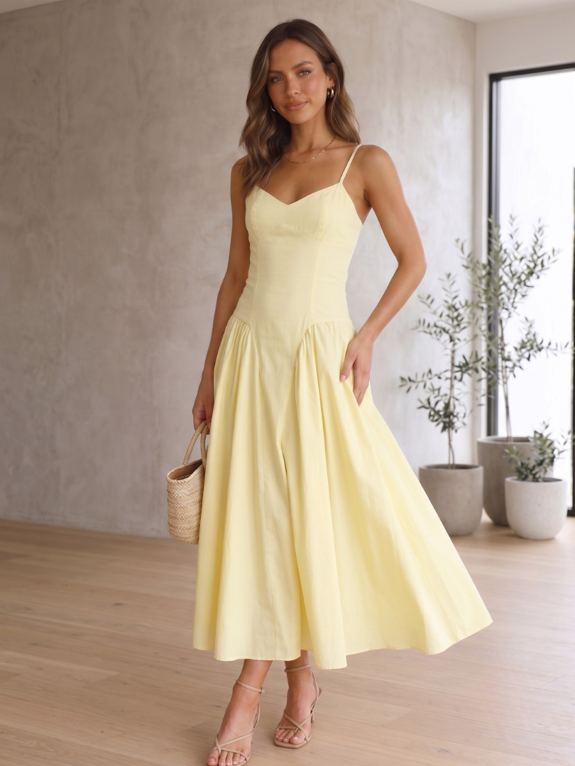 Women's Lemon Babydoll Corset Midi Dress with Spaghetti Straps