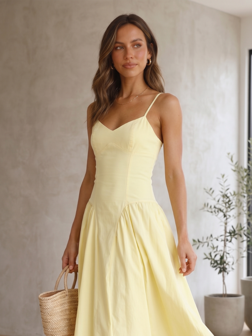 Women's Lemon Babydoll Corset Midi Dress with Spaghetti Straps